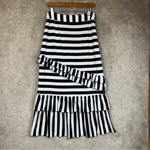 Sharon Tang Skirt Womens Medium Black White Stripe Ruffle Maxi Side Zip- 4219